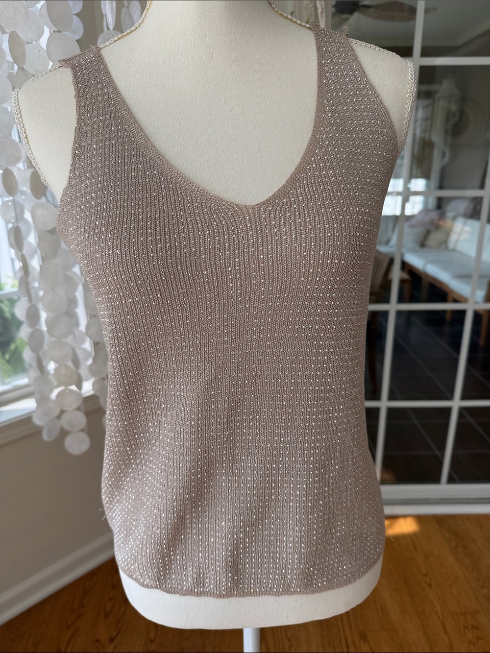 Sleeveless V-Neck Knit Tank Top - Sparkle Taupe